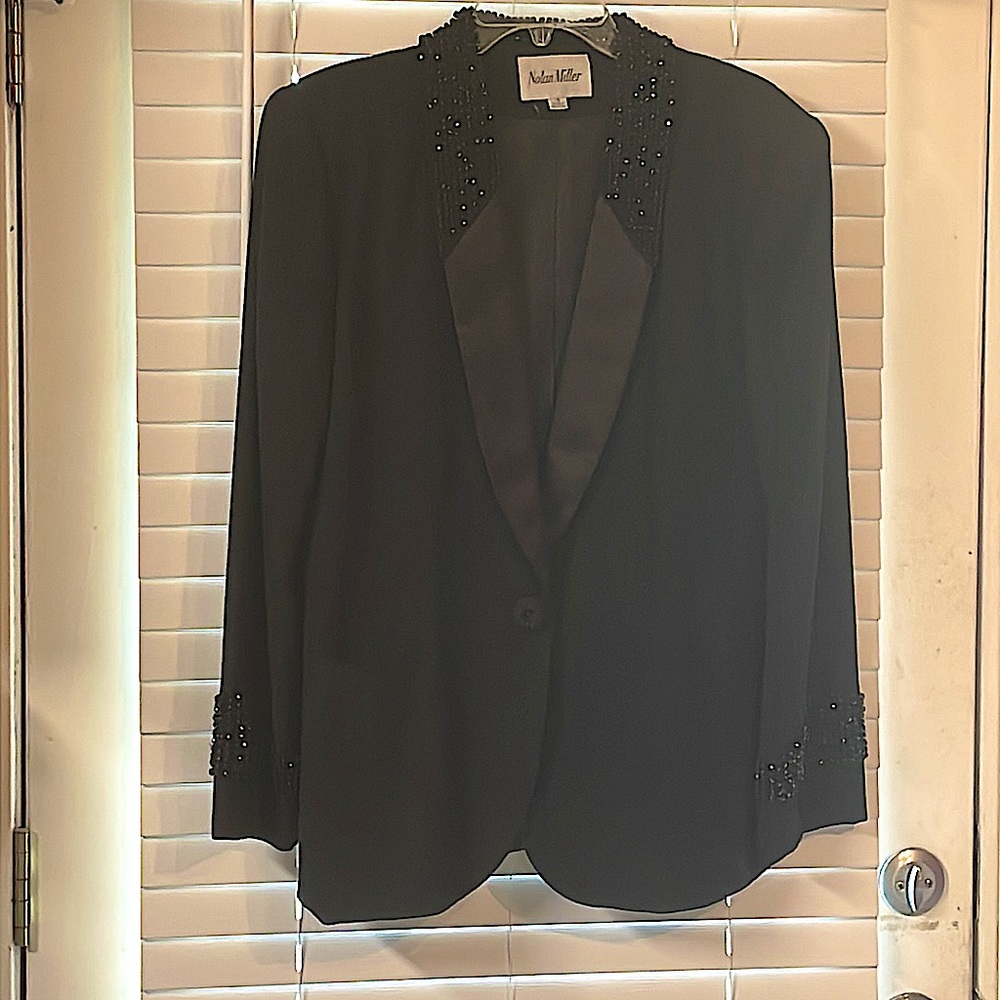 Vintage NOLAN MILLER Black Rhinestones Satin Lapels & Sleeves TUXEDO JACKET 16!